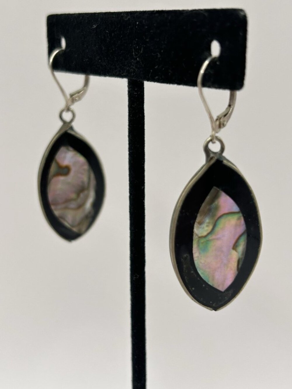 Vintage Abalone Shell Inlay Dangle Earrings 925 Sterling Silver Black Oval - Picture 2 of 14